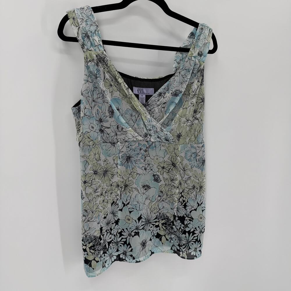 Nine & Co Floral Surplice Sleeveless Blouse Y2K Womens Size 12 Blue‎ Green White